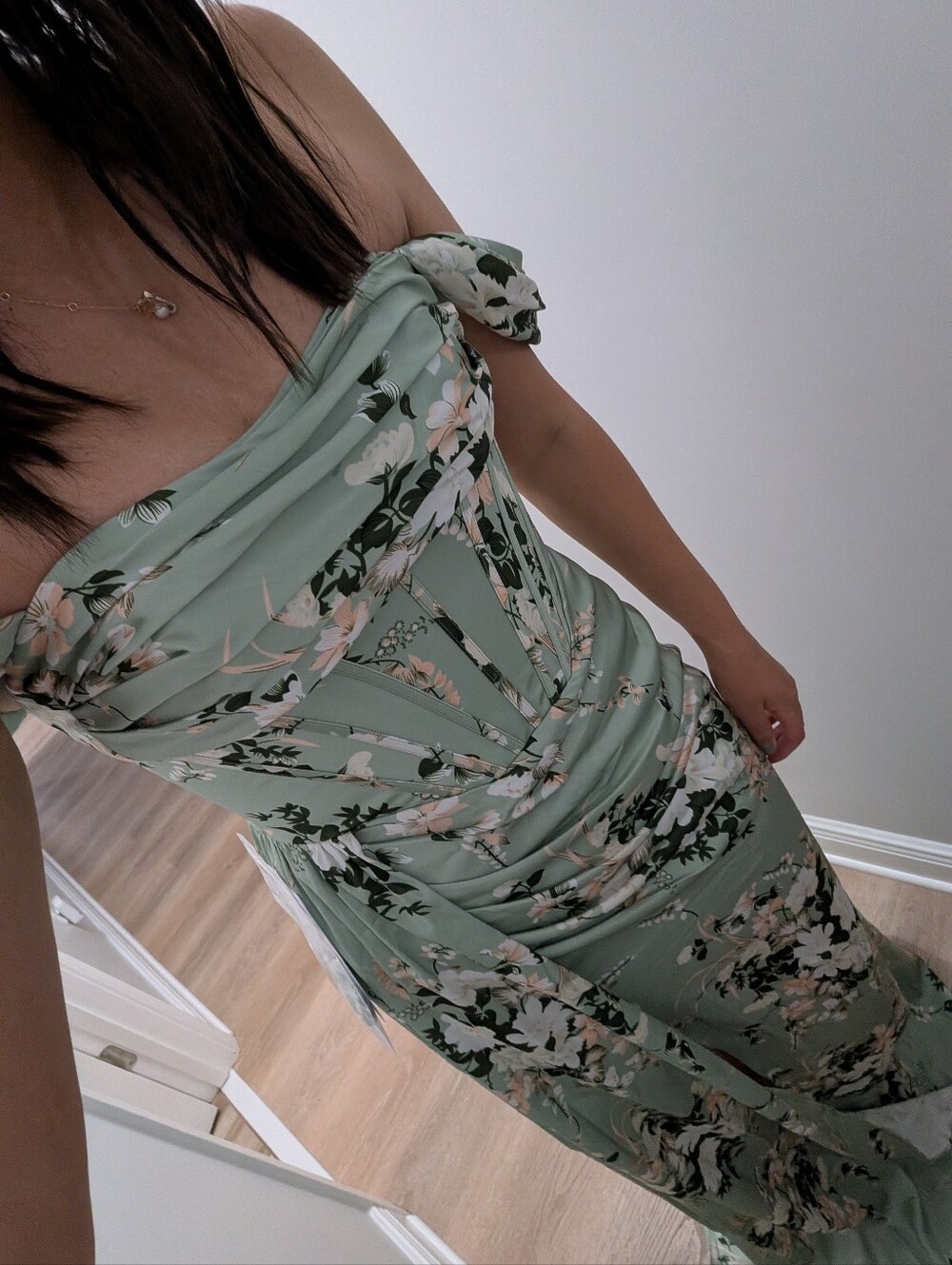 Azazie Sage Green Floral Satin Dress - Picture 2 of 7